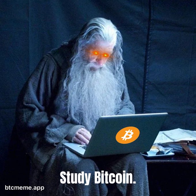 A meme showing Gandalf with glowing orange eyes typing on a laptop displaying the Bitcoin logo, with the caption 'Study Bitcoin.' and watermark 'btcmeme.app'.