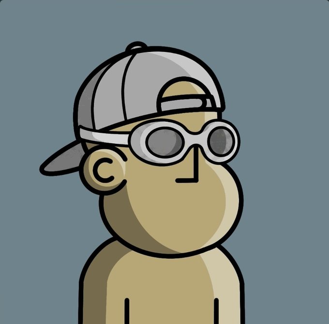 A simple 2D cartoon character wearing a backward grey baseball cap and goggles on a plain blue-grey background.