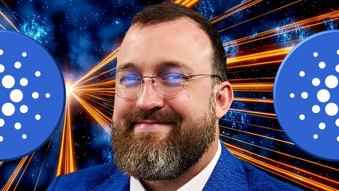 A man with glowing blue eyes and a beard stands between two Cardano (ADA) logos against a cosmic background.