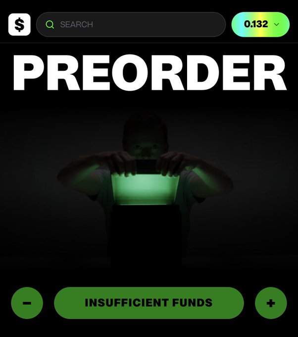 The image shows a dark interface for "trix.market" featuring a person holding a glowing green box under the word "PREORDER," with a wallet balance of "0.132" and a button labeled "INSUFFICIENT FUNDS." The caption humorously illustrates the poster's complaint about being unable to preorder their promised NFT boxes due to lacking funds.