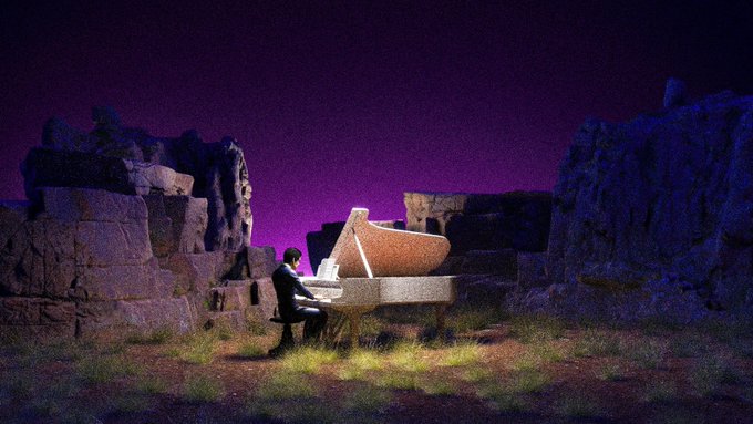 A surreal scene shows a tiny silhouetted figure playing a grand piano situated among ancient stone ruins under a deep purple night sky.