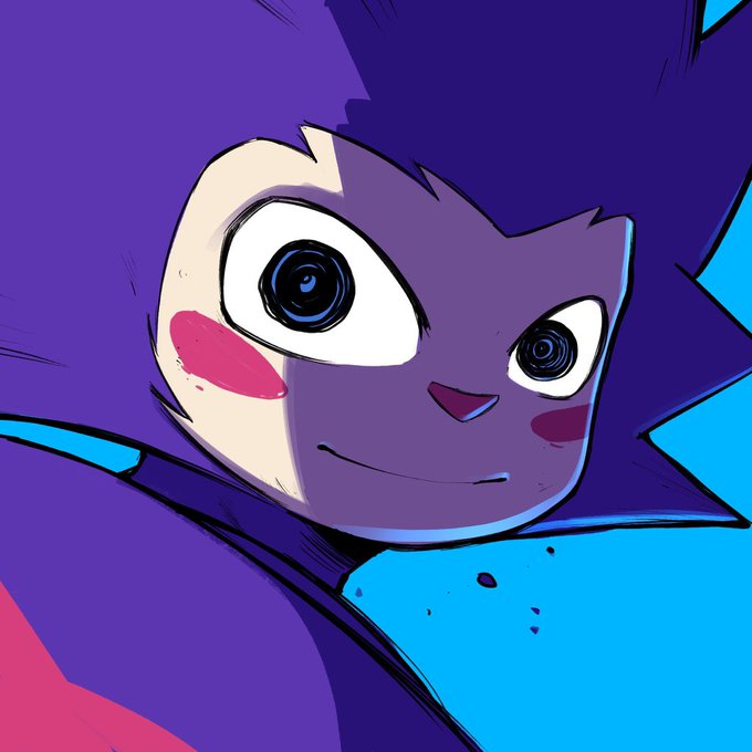 An animated illustration of a purple character with large expressive eyes and pink cheek marks, looking up with a slight smile.