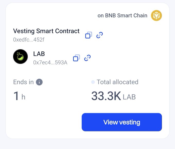 A Vesting Smart Contract interface on BNB Smart Chain showing 33.3K LAB tokens with 1 hour remaining and a 'View vesting' button.