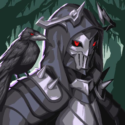 A digital illustration of an armored knight with a skull-like helmet and glowing red eyes, accompanied by a black raven perched on his shoulder.