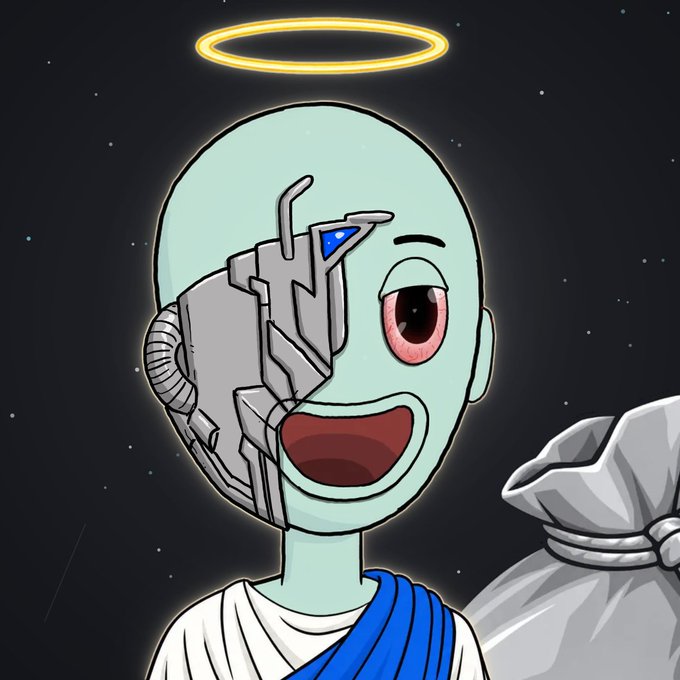A stylized cartoon character with a glowing halo and half-mechanical face smiles against a starry black background.