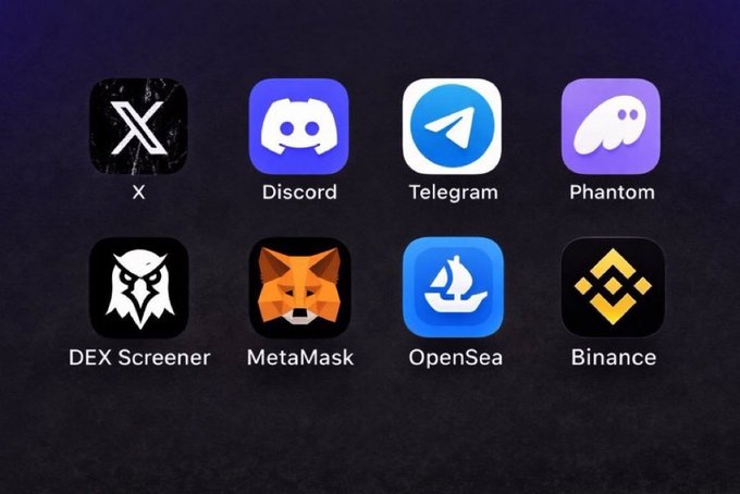 A dark phone home screen displaying crypto and social app icons including X, Discord, Telegram, Phantom, DEX Screener, MetaMask, OpenSea, and Binance.