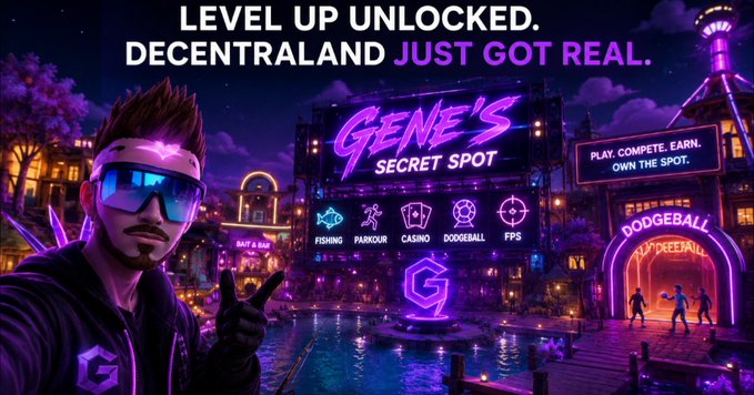 A vibrant promotional banner reading 'LEVEL UP UNLOCKED. DECENTRALAND JUST GOT REAL' showcasing 'GENE'S SECRET SPOT' with icons for Fishing, Parkour, Casino, Dodgeball, and FPS activities in a neon-lit virtual environment.