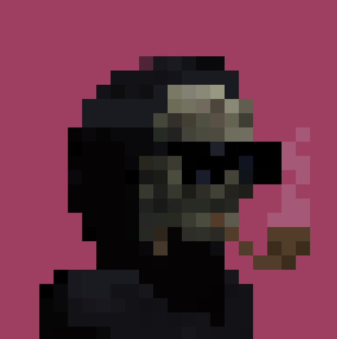 A pixel art portrait of a figure with sunglasses and a cap, exhaling pink smoke against a solid magenta background.
