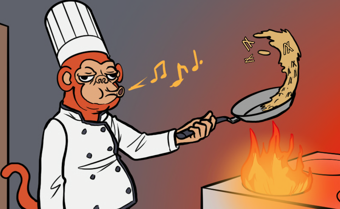 A cartoon illustration shows a monkey dressed as a chef whistling music notes while flipping food in a frying pan over an open flame.