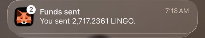 A notification showing "Funds sent - You sent 2,717.2361 LINGO" at 7:18 AM, corresponding to the post about Lingo distributing their final batch of tokens.