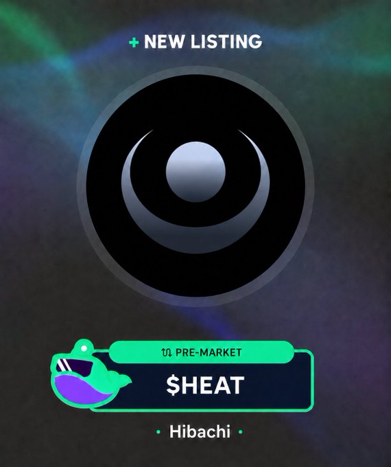 A dark promotional graphic announces a "NEW LISTING" for "$HEAT" on Hibachi pre-market, featuring a stylized eye logo.