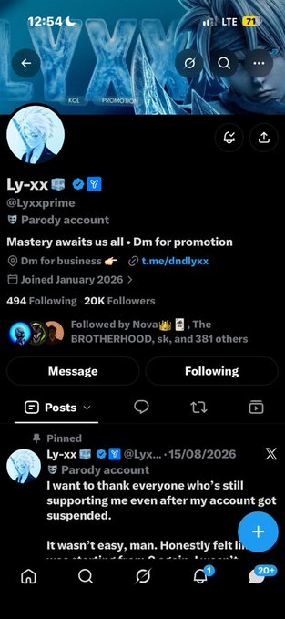 An X profile page for “Ly-xx” (@Lyxprime), labeled “Parody account,” showing “494 Following” and “20K Followers,” with a pinned post about a suspended account.