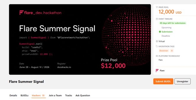 The image displays the "Flare Summer Signal" hackathon page on DoraHacks, featuring a $12,000 USD prize pool, a 40-day submission window, and a submission deadline, directly supporting the post's call for teams to register and build on Flare this summer.