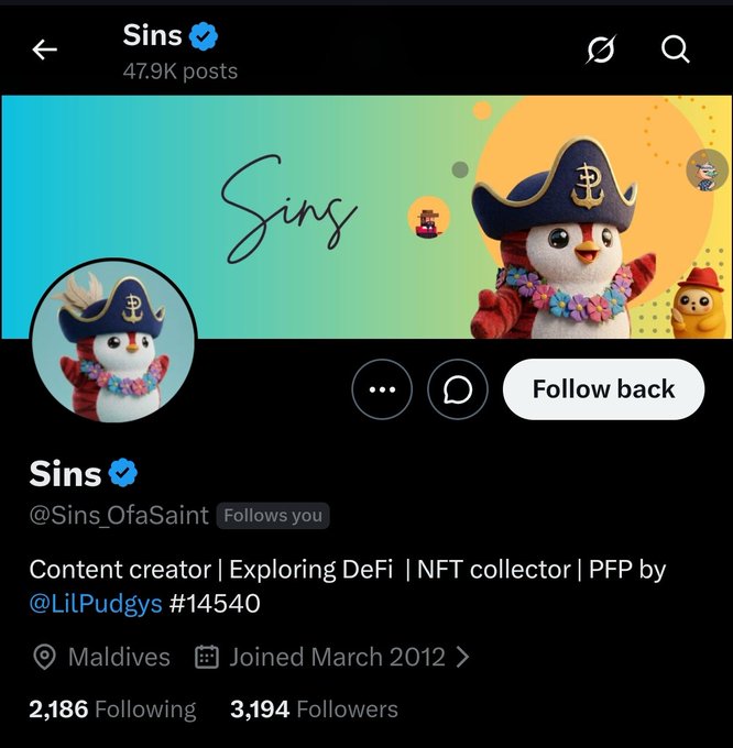 A Twitter/X profile page for "Sins" (@Sins_OfaSaint) with 47.9K posts, showing 3,194 followers and 2,186 following, featuring a pirate-hat penguin PFP (@LiLPudgys #14540) and banner. The image serves as a milestone screenshot celebrating hitting 3,000 followers, matching the caption's July recap and August goals of reaching 3,669 followers.