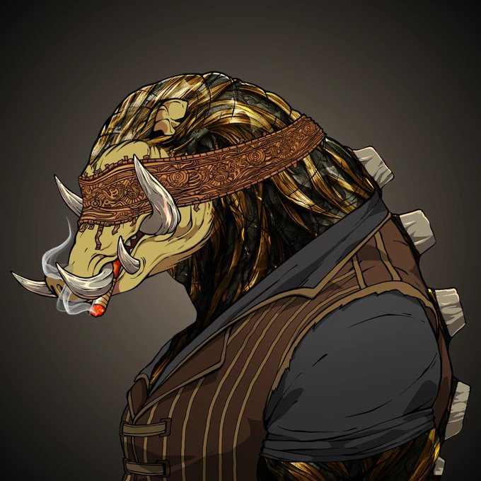 A digital portrait of an anthropomorphic boar-like creature with tusks and a cigar in its mouth, wearing a decorative headband and a brown pinstriped vest against a dark background.