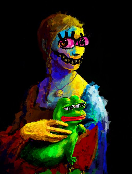 A vivid digital painting depicts a figure with a wide toothy grin and pink eyes holding a green frog against a black background.