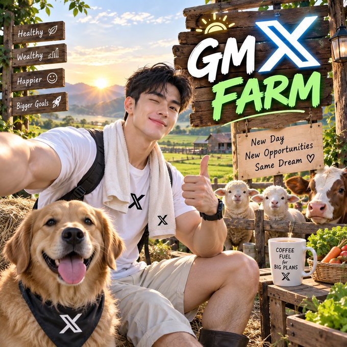 A promotional image for 'GM X FARM' featuring a smiling young man giving a thumbs up while sitting next to a golden retriever, with wooden signs reading 'Healthy, Wealthy, Happier, Bigger Goals' and 'New Day New Opportunities Same Dream' in a pastoral farm setting with sheep and a cow.