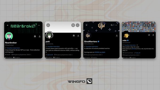 A design mockup showing four Twitter/X profile cards for NFT projects: "Nearbroker," "patt," "GiwaWarriors," and "robs," branded with the "WINGFO" logo.