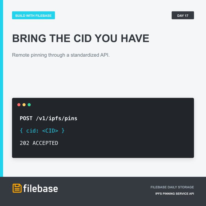 A promotional graphic for 'filebase' titled 'BRING THE CID YOU HAVE' with the subtitle 'Remote pinning through a standardized API,' showing a code snippet for 'POST /v1/ipfs/pins' returning '202 ACCEPTED'.