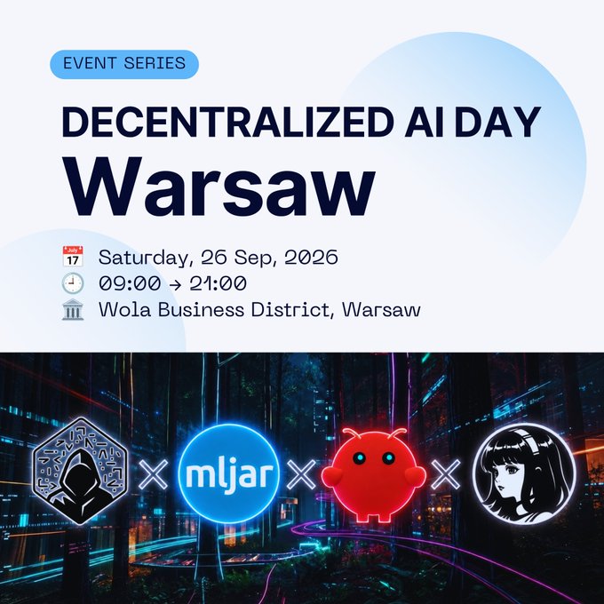 A promotional graphic for 'DECENTRALIZED AI DAY Warsaw' event on Saturday, September 26, 2026, at Wola Business District, featuring logos of sponsoring organizations.