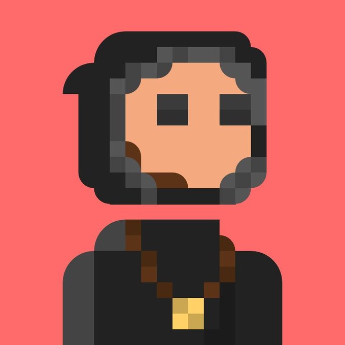 A pixel art portrait of a man with dark hair and a beard, wearing a dark shirt with a gold pixelated emblem, set against a red background.