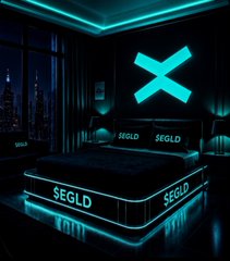 A futuristic bedroom featuring neon teal "SEGLD" branding and lighting throughout, including a glowing "X" on the wall and illuminated text around the bed frame. The room matches the post's reference to a $EGLD-themed crypto bedroom, with the X symbol likely representing eGold's logo, while the mirrored misspelling of "SEGLD" adds a stylized visual touch.