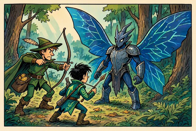 Illustration of an archer and a young warrior facing a large armored blue winged creature in a forest setting.