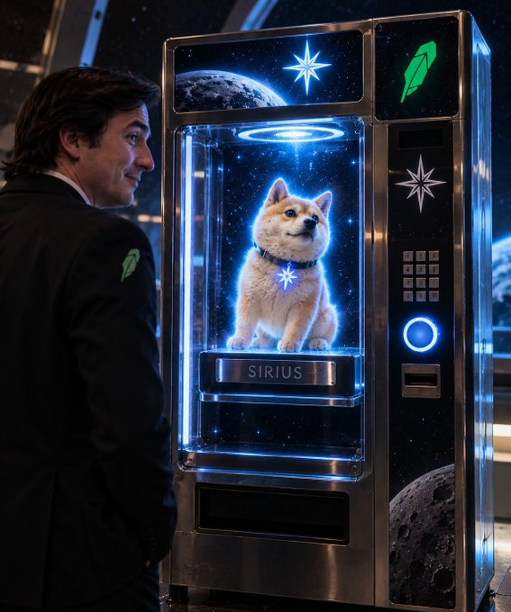 A man in a black suit with a green feather emblem smiles admiringly at a futuristic glowing vending machine displaying a Shiba Inu dog named "SIRIUS" surrounded by cosmic imagery, capturing the playful fusion of space exploration and cryptocurrency culture referenced in the "Doge Star" message.