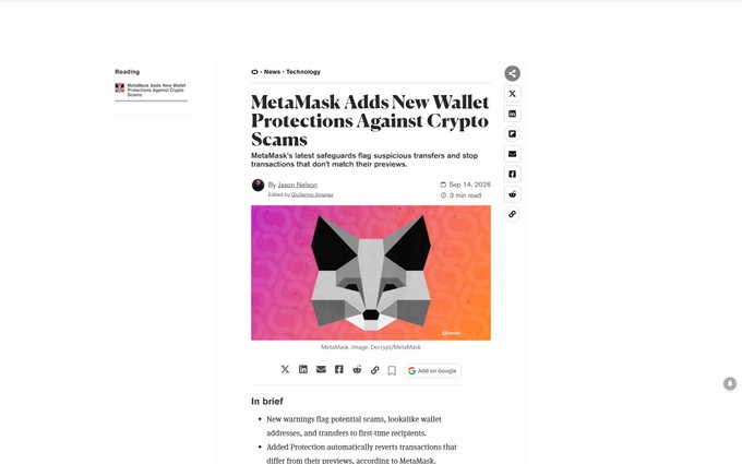 A news article titled 'MetaMask Adds New Wallet Protections Against Crypto Scams' by Jason Nelson, featuring the MetaMask fox logo and explaining that the wallet now flags suspicious transfers and stop transactions.