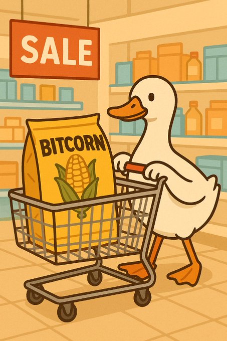 A cartoon illustration of a white duck pushing a shopping cart containing a yellow bag labeled 'BITCORN' with a corn illustration, under a hanging 'SALE' sign in a grocery store aisle.