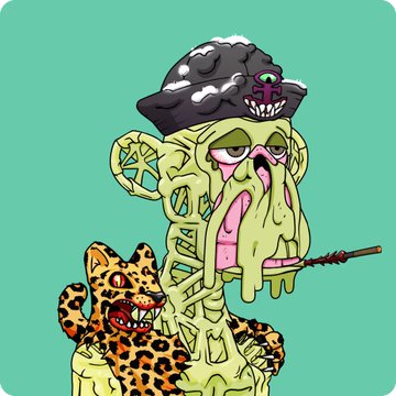 A surreal cartoon illustration depicts a melting green skull-like figure wearing a black patterned cap, accompanied by a snarling leopard and holding a smoking cigarette against a teal background.