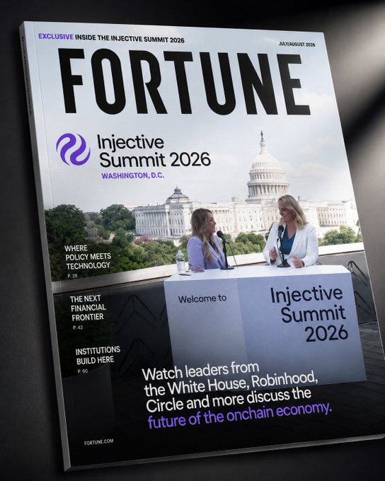 A Fortune magazine cover from July/August 2026 promotes the 'Injective Summit 2026' in Washington, D.C., featuring two women speaking at a podium with the U.S. Capitol in the background.