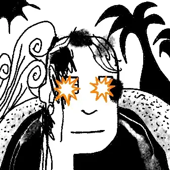 A black and white illustration of a man with long hair and a beard, his eyes obscured by orange star-shaped symbols, with palm trees and swirling waves in the background.