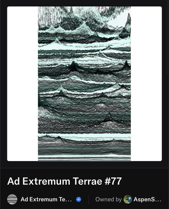 A digital art piece titled "Ad Extremum Terrae #77" showing a textured landscape with horizontal layers of rock or waves in muted teal and dark tones, owned by "AspenS..."
