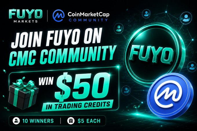 Promotional graphic for Fuyo Markets joining the CoinMarketCap community, offering 10 winners $50 each in trading credits.
