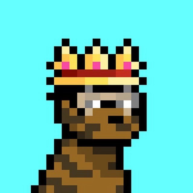 A pixelated dog wearing a golden crown with pink and red jewels gazes upward, set against a teal background—symbolizing the royal aspirations and limitless possibilities of Doginal Dog, an NFT collection on the Dogecoin blockchain.