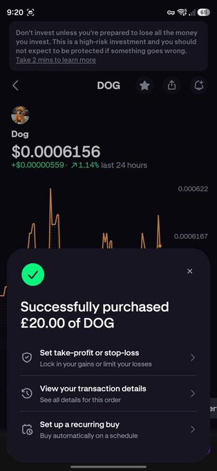 An animated cell phone screen displaying a Dog trading app showing a green checkmark representing successful purchases, with details about purchasing money for Dog.