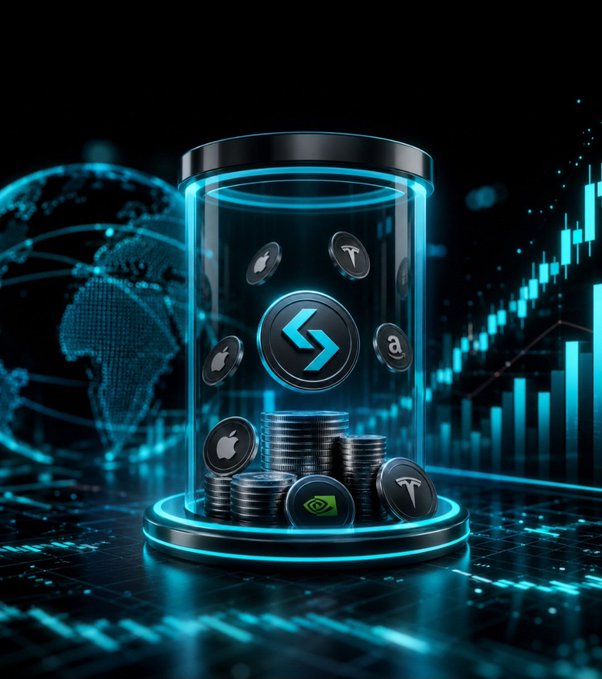 A digital illustration featuring a glass cylinder containing various cryptocurrency and tech coins, including Bitcoin, Tesla, Apple, and a central coin with an 'S' logo, set against a backdrop of a globe and stock market charts.