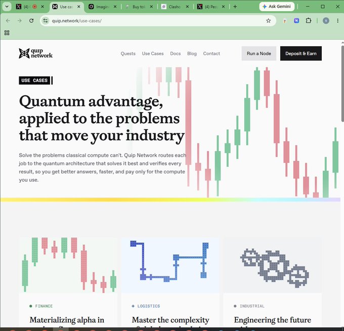Screenshot of the Quip Network website (quip.network/use-cases) advertising 'Quantum advantage, applied to the problems that move your industry' with candlestick graphics and use case categories for Finance, Logistics, and Industrial.