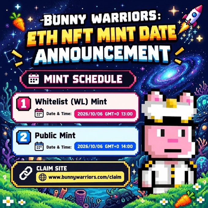 A pixel-art style announcement poster for 'BUNNY WARRIORS: ETH NFT MINT DATE' featuring a mint schedule with 'Whitelist (WL) Mint' on '2026/10/06 GMT+0 13:00' and 'Public Mint' on '2026/10/06 GMT+0 14:00', along with a claim site URL.