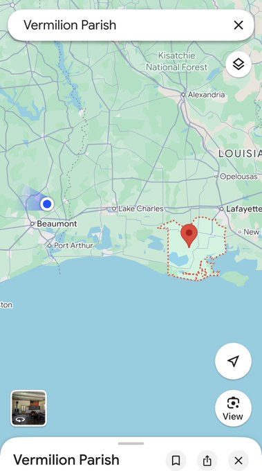 A Google Maps screenshot showing the search result for "Vermilion Parish" in Louisiana, with a red pin marker highlighting the location on the Gulf Coast near Lake Charles. This explains the poster's excitement about viewing launches from a vantage point across the water in southern Louisiana.