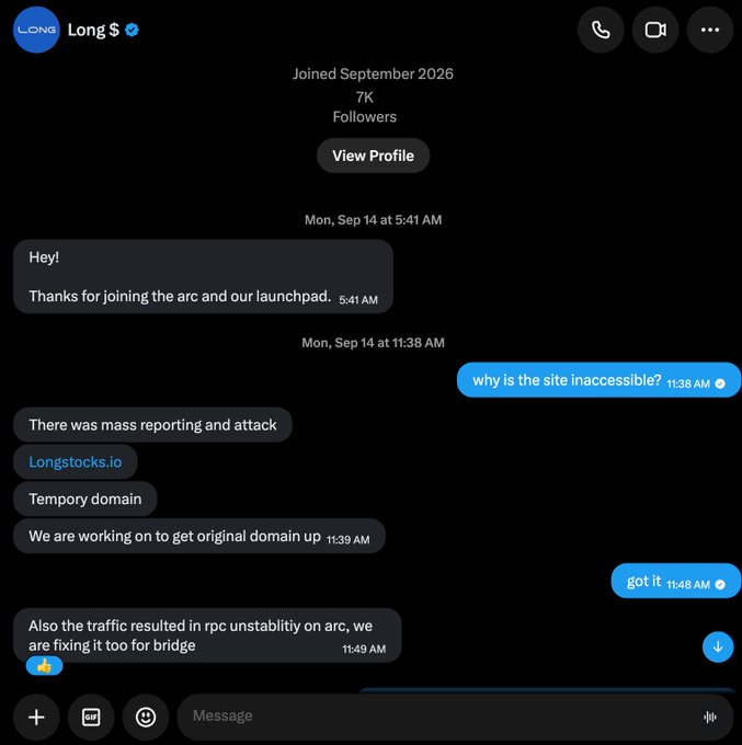 A Twitter direct message conversation between a user and 'Long $' (7K followers, joined September 2026), discussing site inaccessibility due to mass reporting and temporary domain issues.