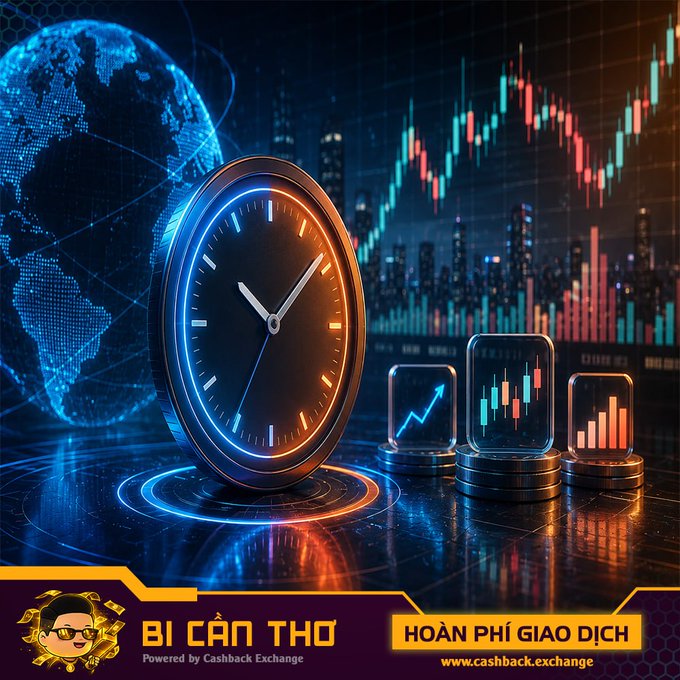A promotional graphic for 'BÍ CÂN THƠ' by Cashback Exchange featuring a glowing clock, a digital globe, stock chart screens, and the Vietnamese text 'HOÀN PHÍ GIAO DỊCH' along with the website www.cashback.exchange.