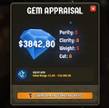 A 'GEM APPRAISAL' panel from the game Ragnarok Online, showing a non-identified item worth $3,842.80, requiring payment to unlock its stats.