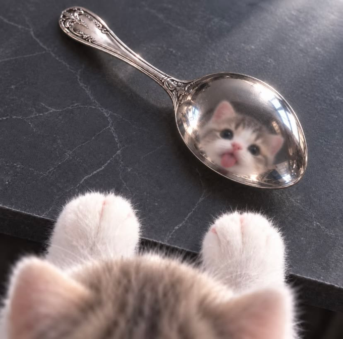 A cute kitten looking at its own reflection in the bowl of an ornate silver spoon resting on a dark surface.