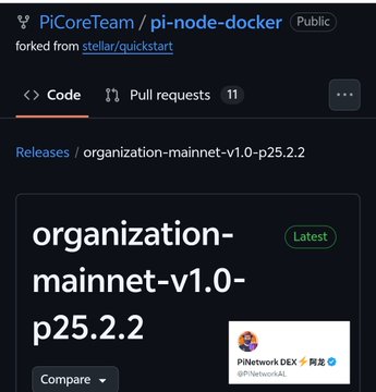 In this image, there's a screenshot of a website called PicoreTeam/Pi-Node-Docker, which features an explanation of a major software upgrade, Pi-Network version V25.2.2. The site explains that the upgrade has been fully launched and is backed by the Stellar underlying layer and equipped with the X-Ray privacy system for on-chain transactions, making it compatible with the zero-knowledge proof ZK protocol. Additionally, the image highlights that this new update can complete compliance verification without needing to rely on third parties or sending requests via email or text messages.