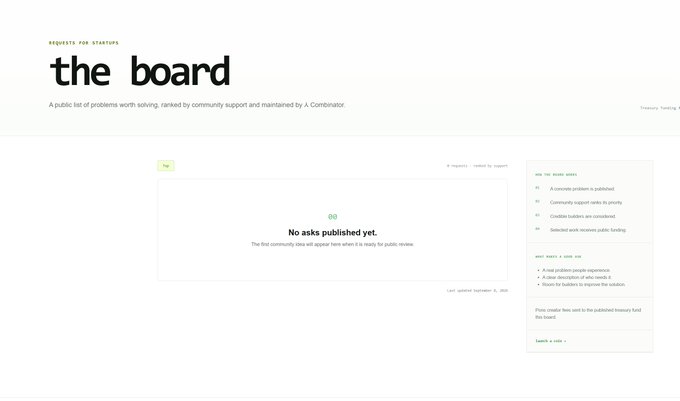 A minimalist website titled “the board” describes a public list of problems worth solving, ranked by community support and maintained by a Coordinator; the page currently says “No asks published yet.”