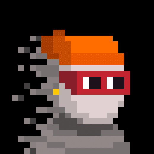 Pixel art depicting a stylized character with orange hair, red and white goggles, and grey armor disintegrating into pixels on the left side.