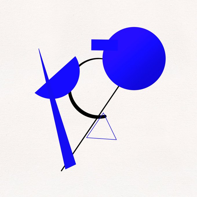 A minimalist abstract illustration featuring bold blue geometric shapes—a circle, rectangle, and triangle—on a textured off-white background.