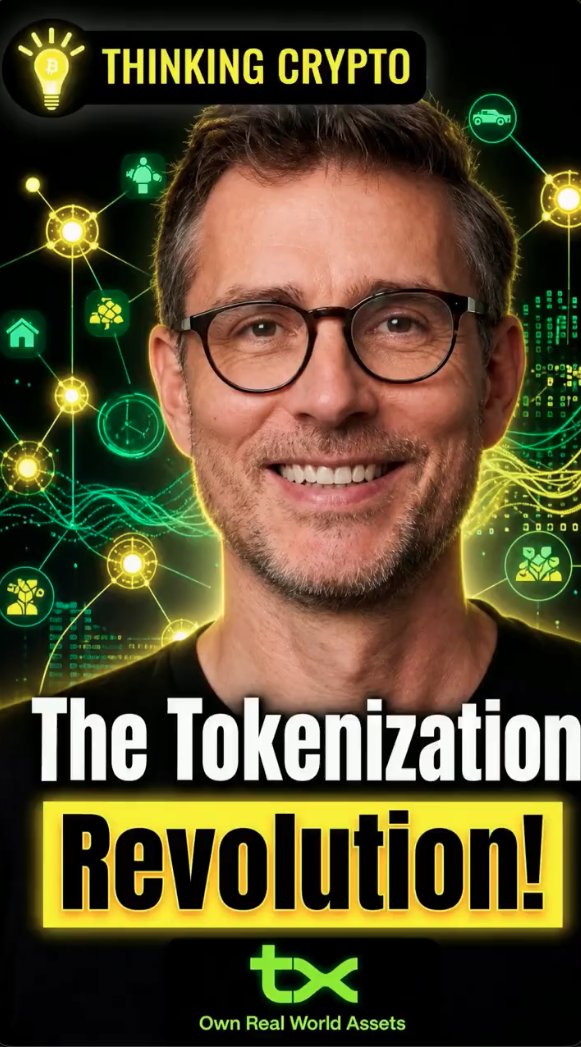 A YouTube thumbnail from "Thinking Crypto" features a smiling man with glasses against a tech-themed background with green network icons, promoting an interview titled "The Tokenization Revolution!" about how SEC rulemaking will enable asset tokenization.